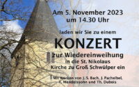 Einladung zum Konzert zur Wiedereinweihung der Furtwängler Orgel am 5. November 2023 um 14:30 Uhr in der St. Nikolaus Kirche Groß Schwülper